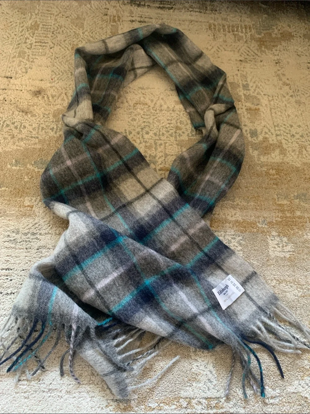 Edinburgh Plaid Men's Scarf in Gray and Teal 100% lambs wool